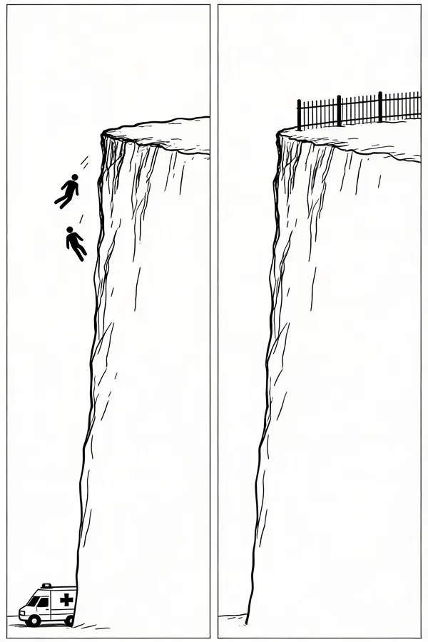 Two-panel line illustration. Left panel: two stick figures falling from a cliff, an ambulance waiting at the base. Right panel: the same cliff with a fence at the top and no falling figures.