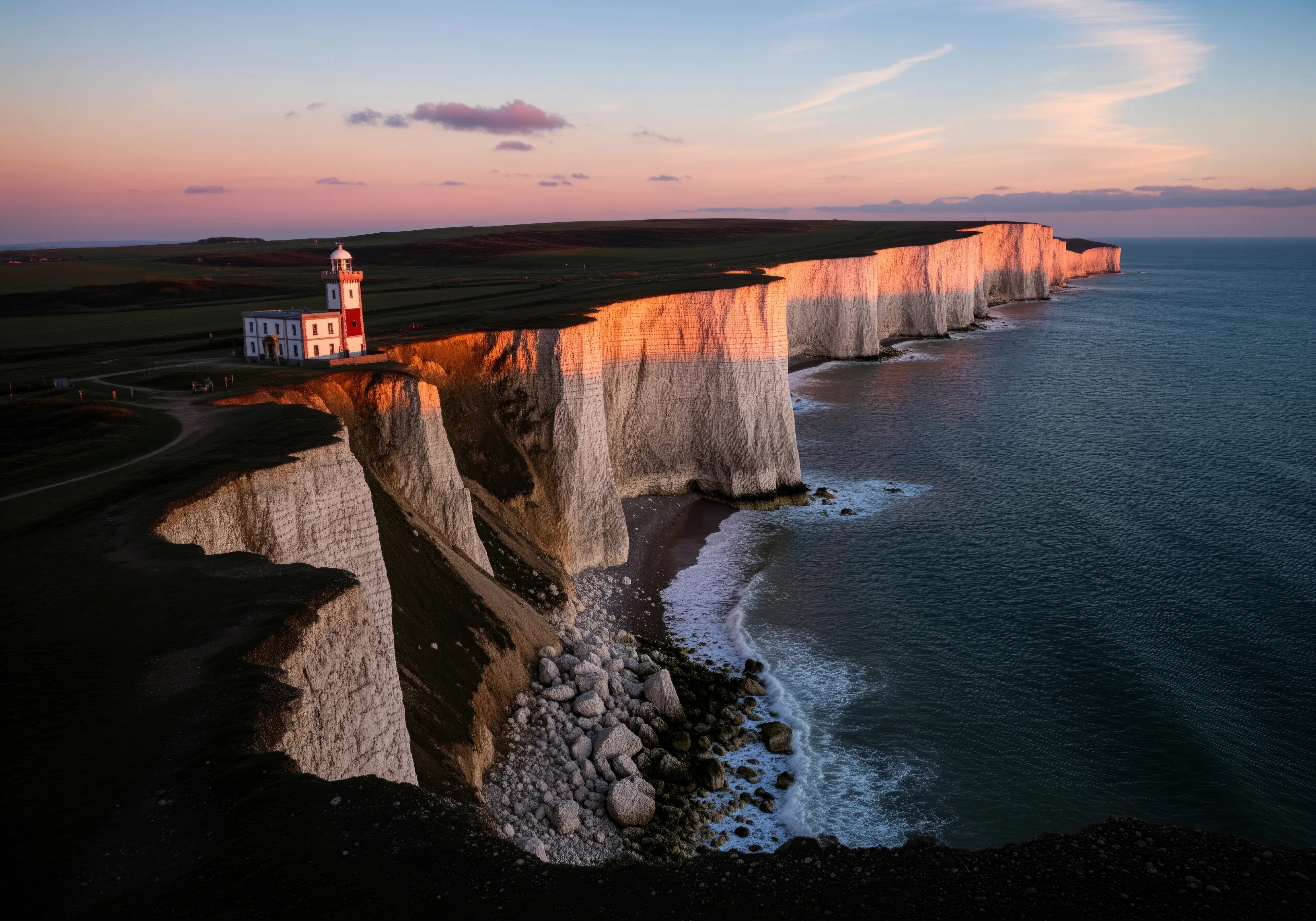 Chalk cliffs at golden hour with a lighthouse standing at the cliff edge — a system built to guide ships away from danger before it occurs.