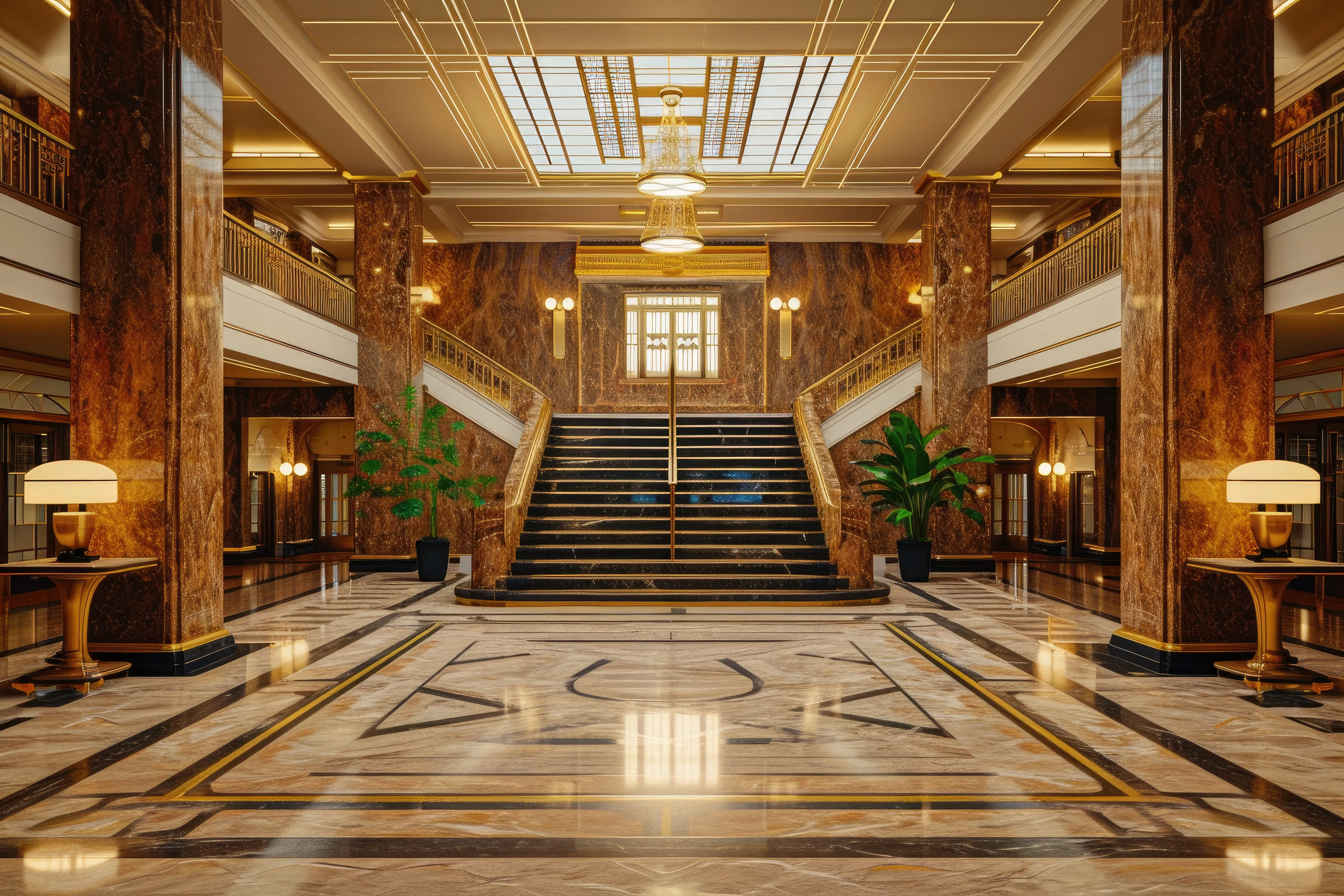 Grand Art Deco hotel lobby — symmetrical, empty, marble floors and warm gold lighting. The designed environment as the subject.