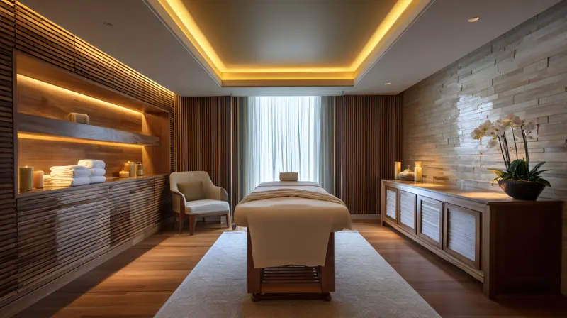 Empty luxury spa treatment room with warm amber lighting, wooden panels, a treatment bed, and orchids — the physical environment before the engineering begins.